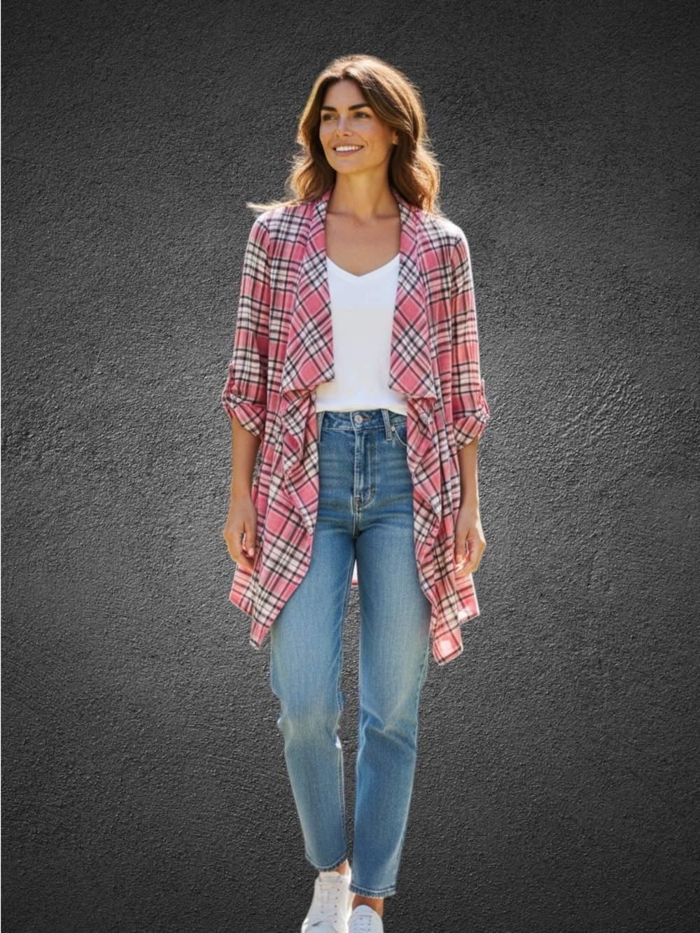 Bobbie Brooks Plus Size 2X Pink Plaid Open Front Cardigan Shirt Blouse